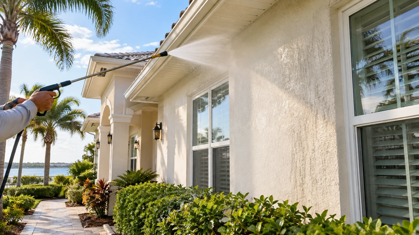 Professional soft washing of a Florida stucco home
