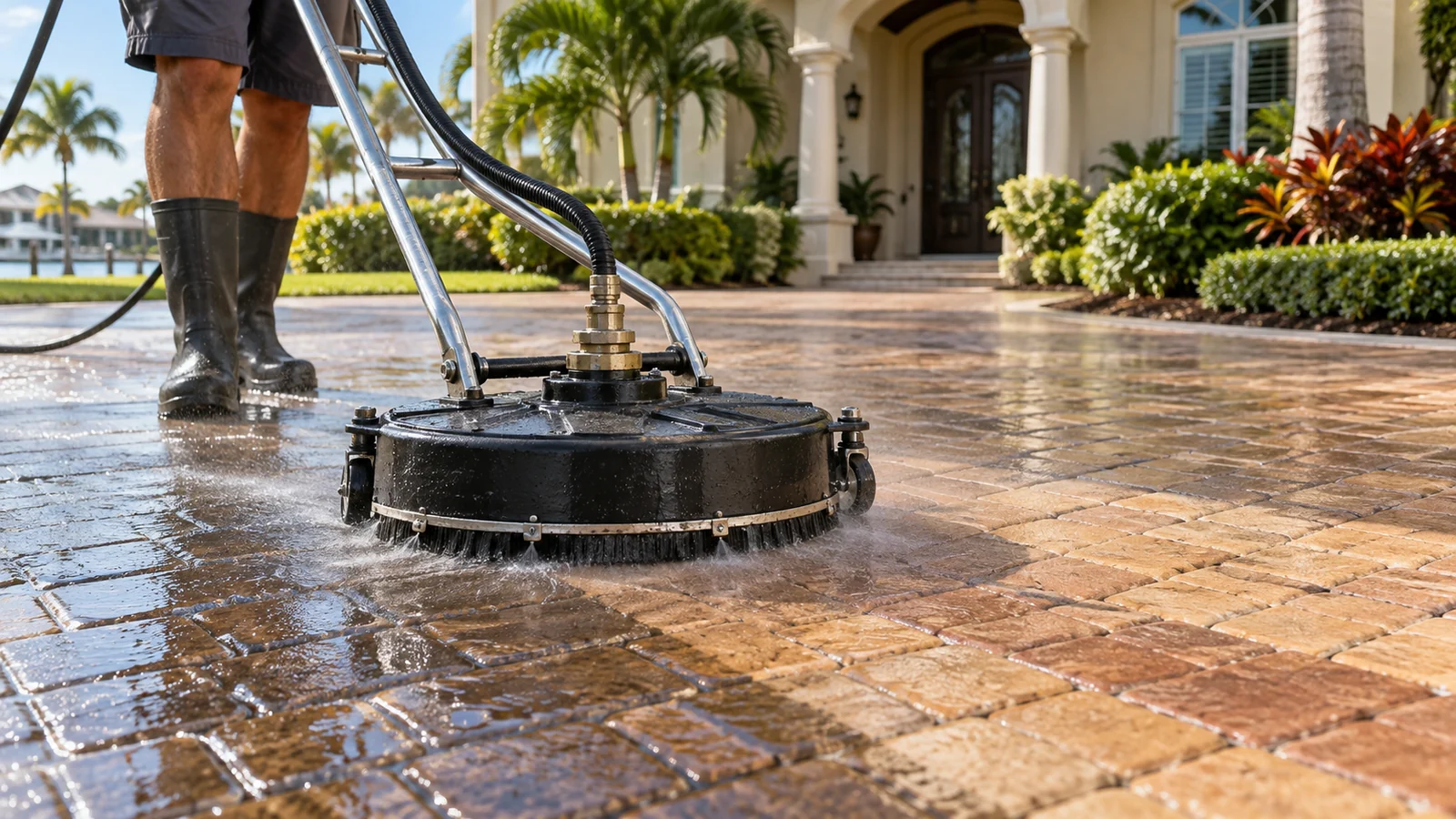 Professional surface cleaner washing brick pavers at a Florida property