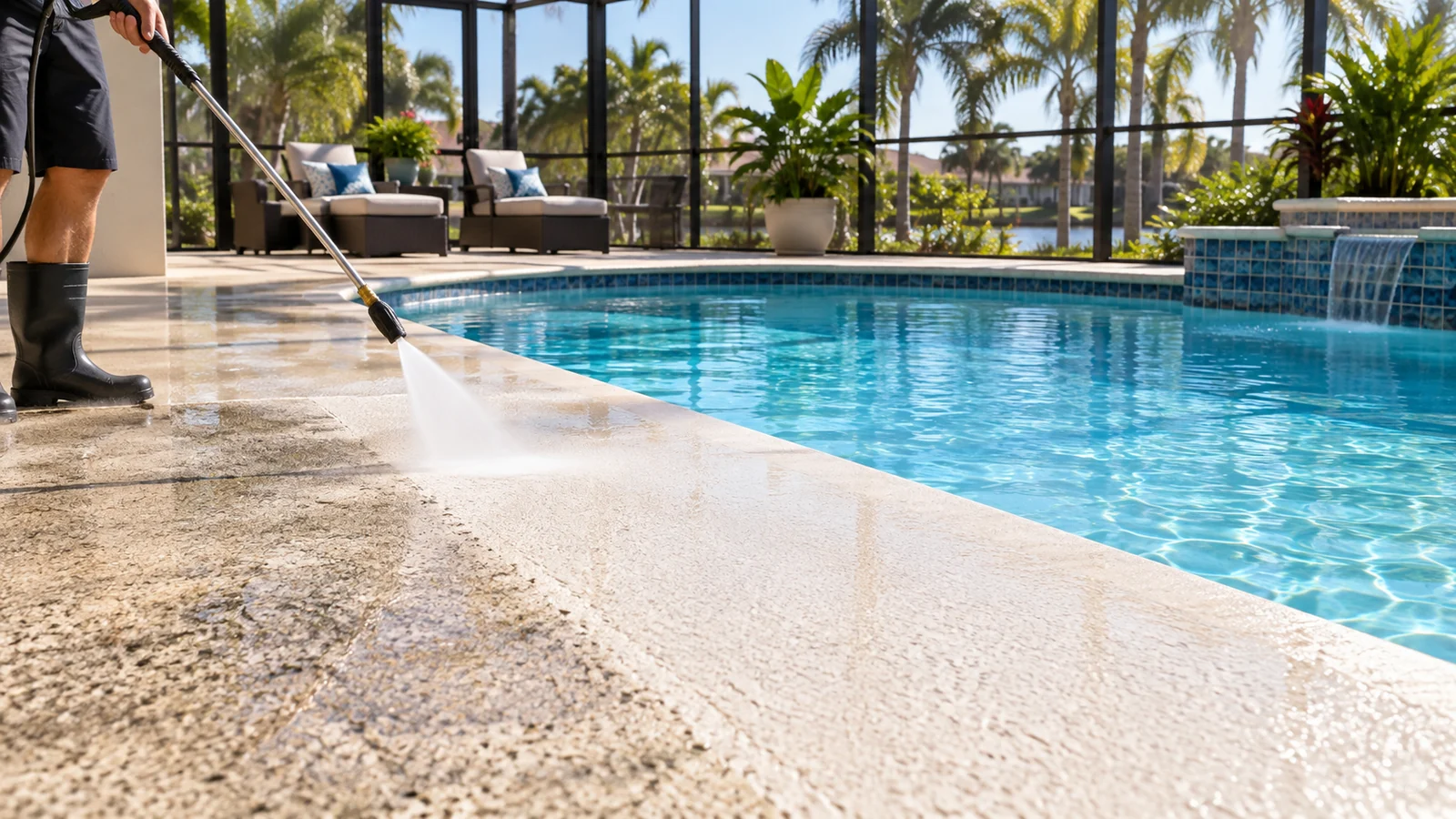 Professional pressure washing of a Florida pool deck