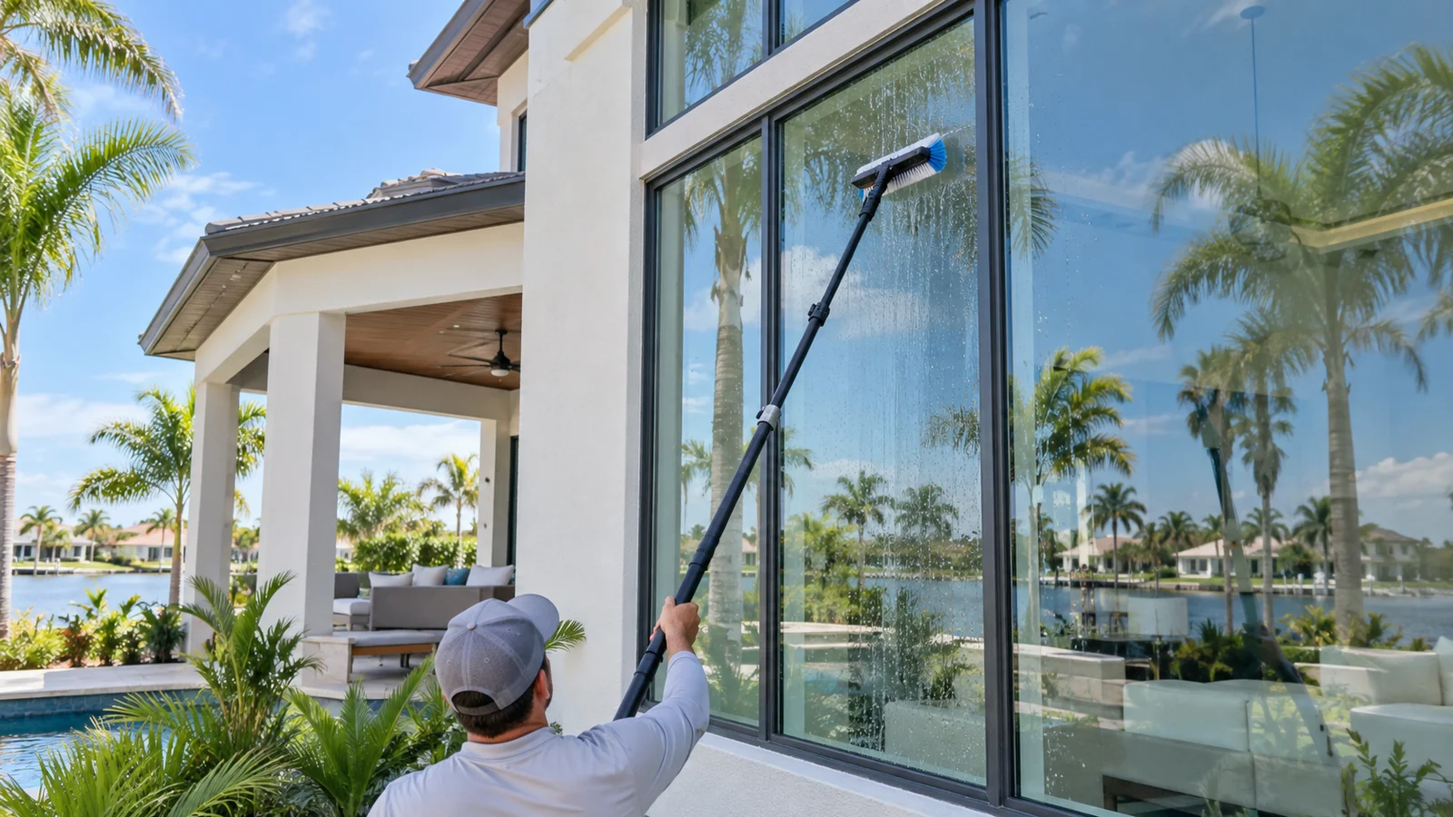 Professional exterior window cleaning with a water-fed pole