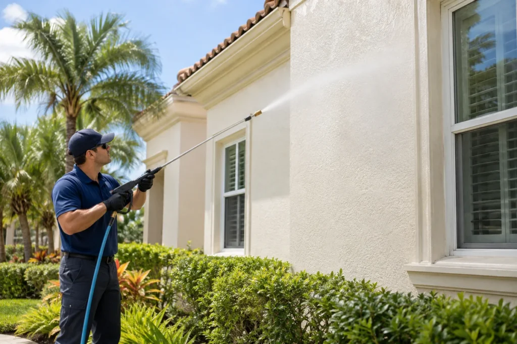 Professional soft washing of a stucco home exterior in Florida