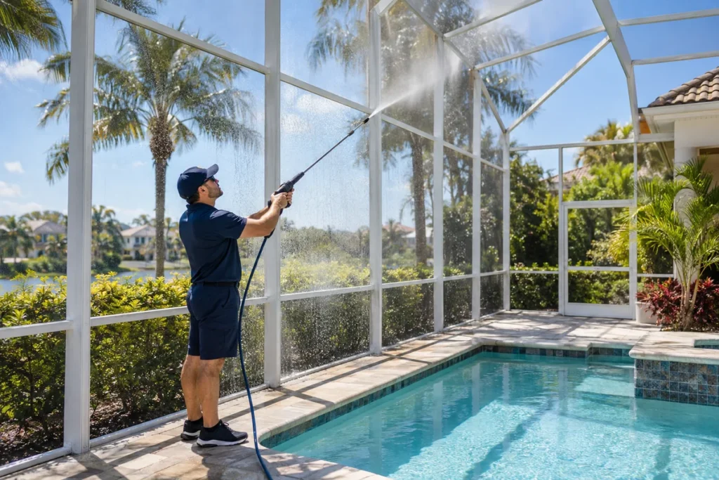 Professional pool cage cleaning for a screened enclosure in Florida